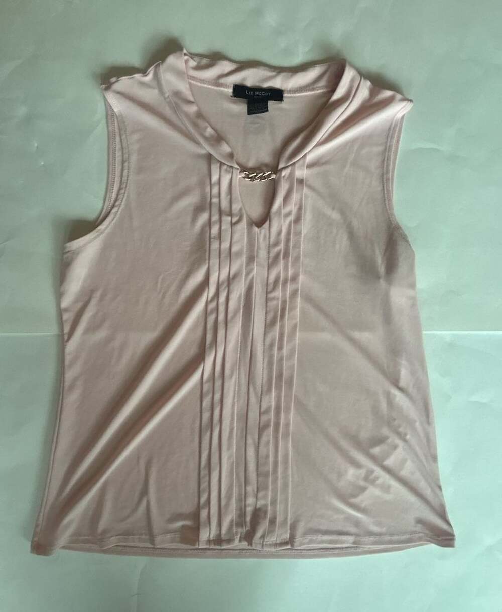Liz McCoy Tank Top PXL Pink Pleated Front Chain Accent Sleeveless Blouse